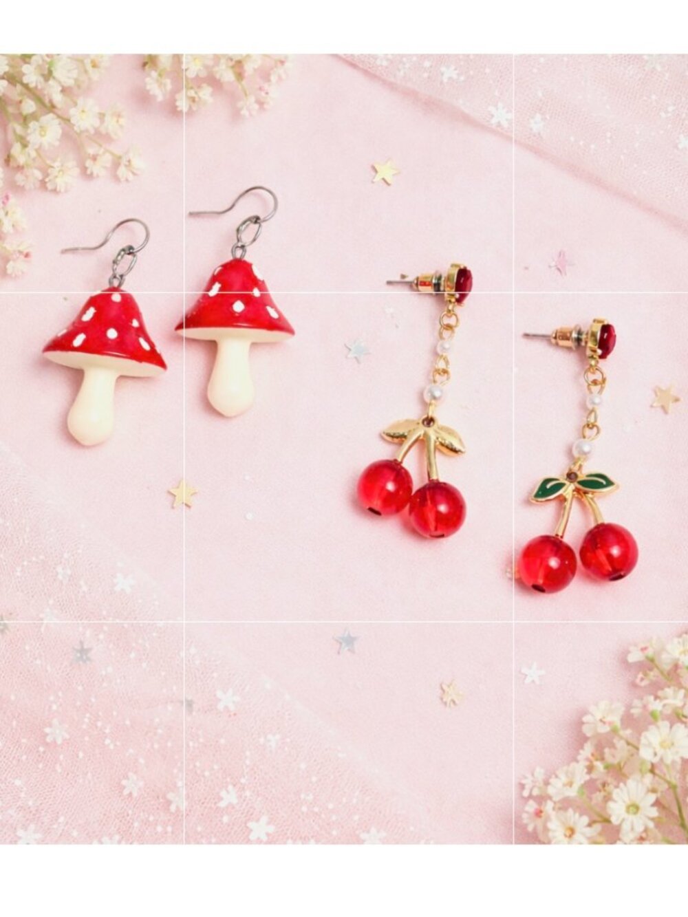 Earrings Bundle Set 2 Kawaii Mushroom and Cherry Dangle Novelty Red